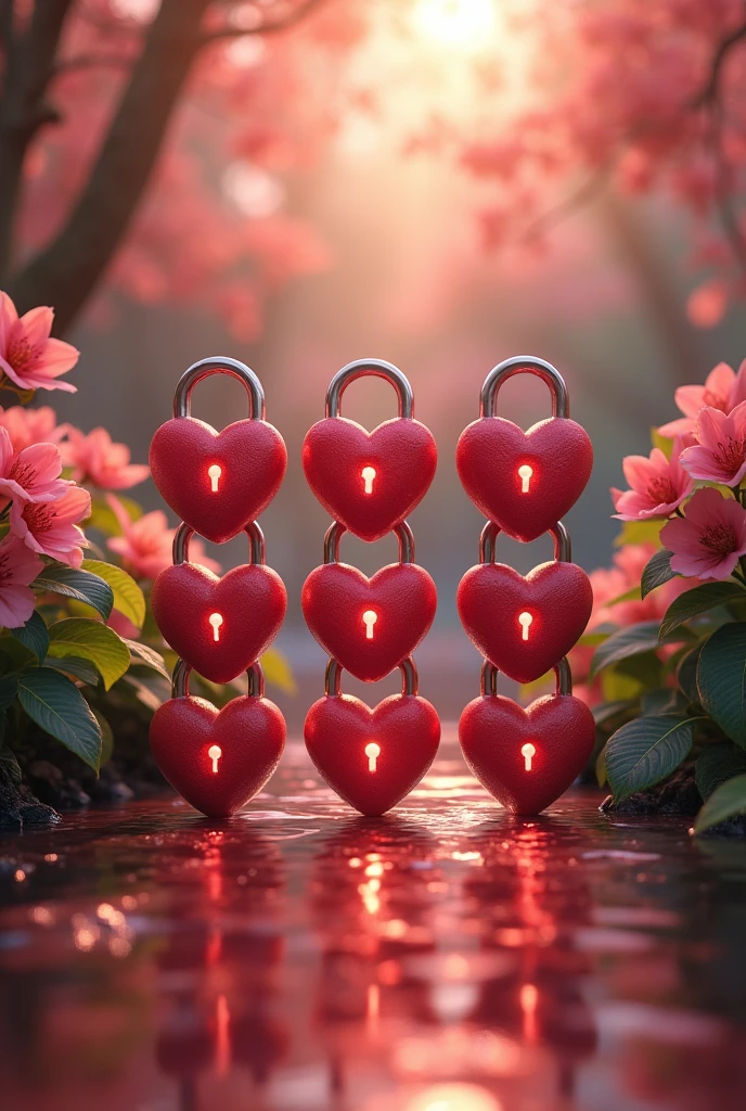 beautiful and romantic background without people, there may be plants, pinks, water.
lighting and painting in a romantic red tone in the center of the image 8 hearts with a padlock inside arranged so that they are 2 hearts wide and 4 high, totaling 8
