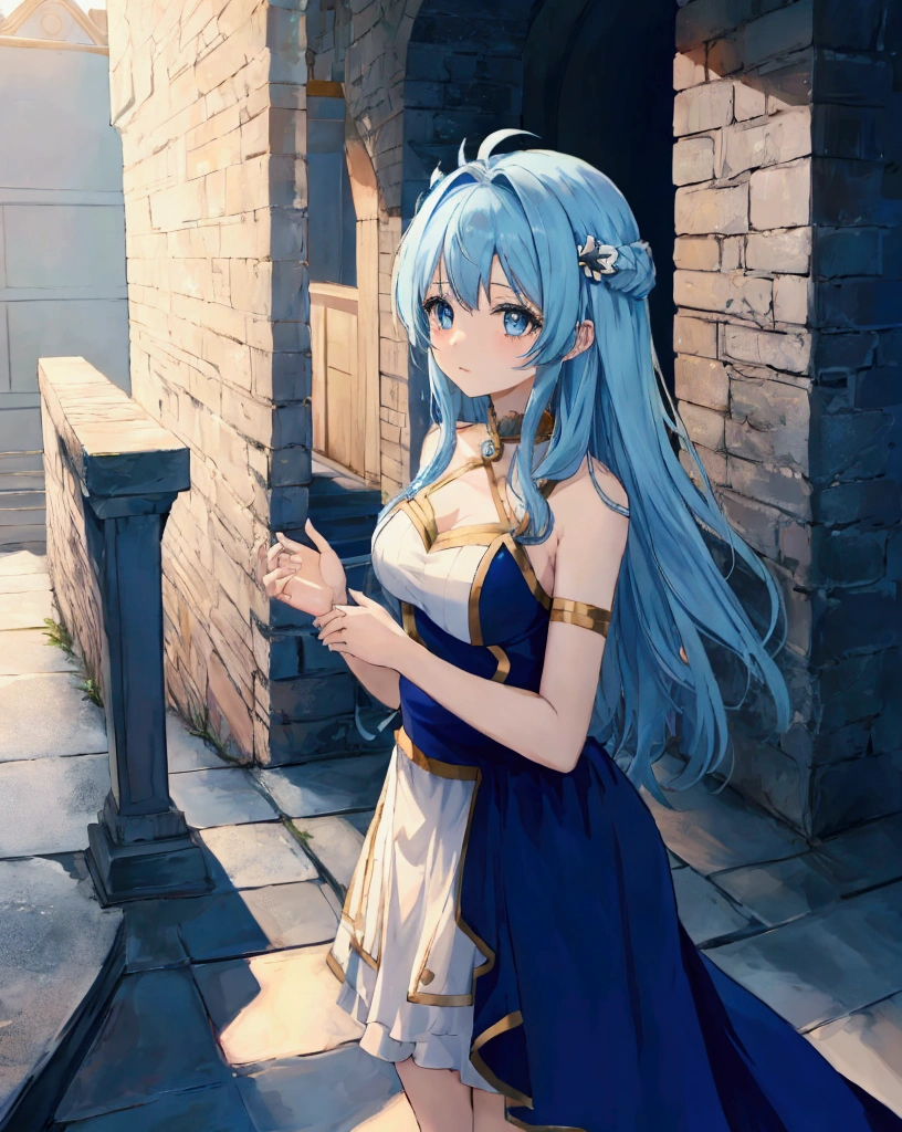 Absurd, super detailed, masterpiece, top quality, break, official art, (beautiful and aesthetic: 1.2), (watercolor: medium), break, big eyes, bad eyes, beautiful girl, beautiful girl, (cute: 1.3), 25 years old, break, long hair, colorful hair, splash, (mixed blue and light blue hair: 1.2), (fractal art 1.2), break, hair ornament, orange sundress, bare shoulders, black ribbon on belly, break, red eyes, break, from the side, viewer, break, mountain, sky, old ruins, ruins, break, bewitching, god of beauty, break,