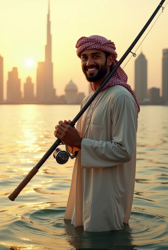 (photorealism:1.2), young arabian fisherman, standing in the sea, the water is covering his feet only, holding a fishing rod with penn spinfisher reel, looking at the camera, smiling and thinking about something, enjoying the sun, sun lighting, Jeddah sky scrappers in background, realistic, intricate details
