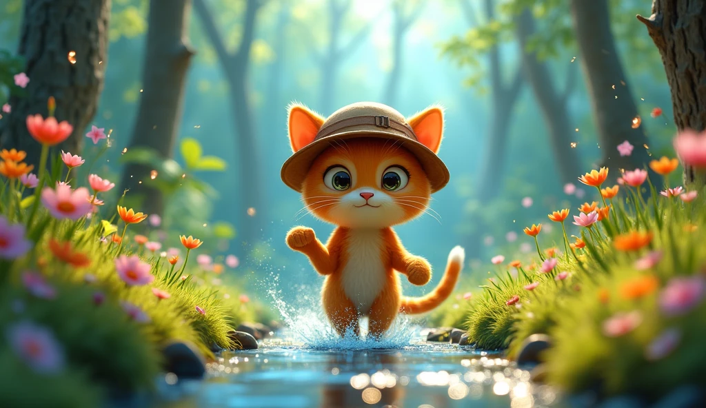 A vibrant nature scene with a cat named Whiskers on an adventurous journey. Whiskers, wearing a tiny explorer hat and a determined expression, is navigating through a lush, colorful forest. The background features towering trees, blooming flowers, and a sparkling stream. The atmosphere is filled with a sense of wonder and excitement, capturing the essence of living the dream in nature.