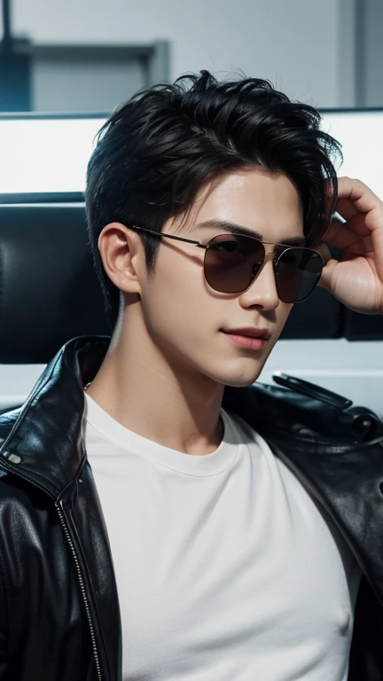 (Men)), (head shot), (front view), (half body view), (Handsome muscular man in his 30s wearing black pilot sunglasses, and black jacket), zi wang (Prince chiu), Mischievous smile, (detail: 1 in 1), Natural muscles, HIG quality, beautiful eyes, (Detailed face and eyes), (Face、: 1 / 2), fresh lips, Noise, Real Photographics, ... ...................................................................................................PSD, Sharp Focus, High resolution (8K), realistic & Professional Photography, 8K UHD, Soft lighting, High quality, Film grain, FujifilmXT3