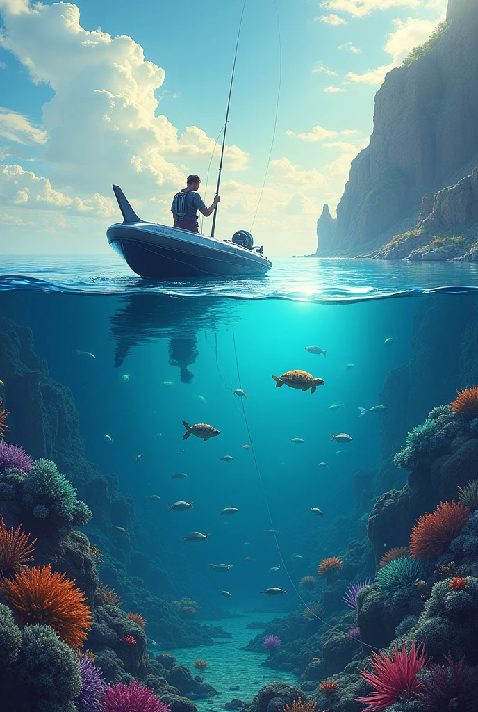 a fisherman with his boat on the water and under water fish and sea animals, futuristic art 