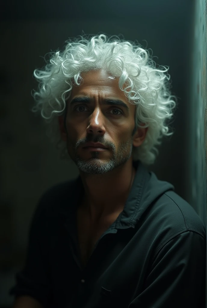 Brazilian man, white curly hair, Room, dark light