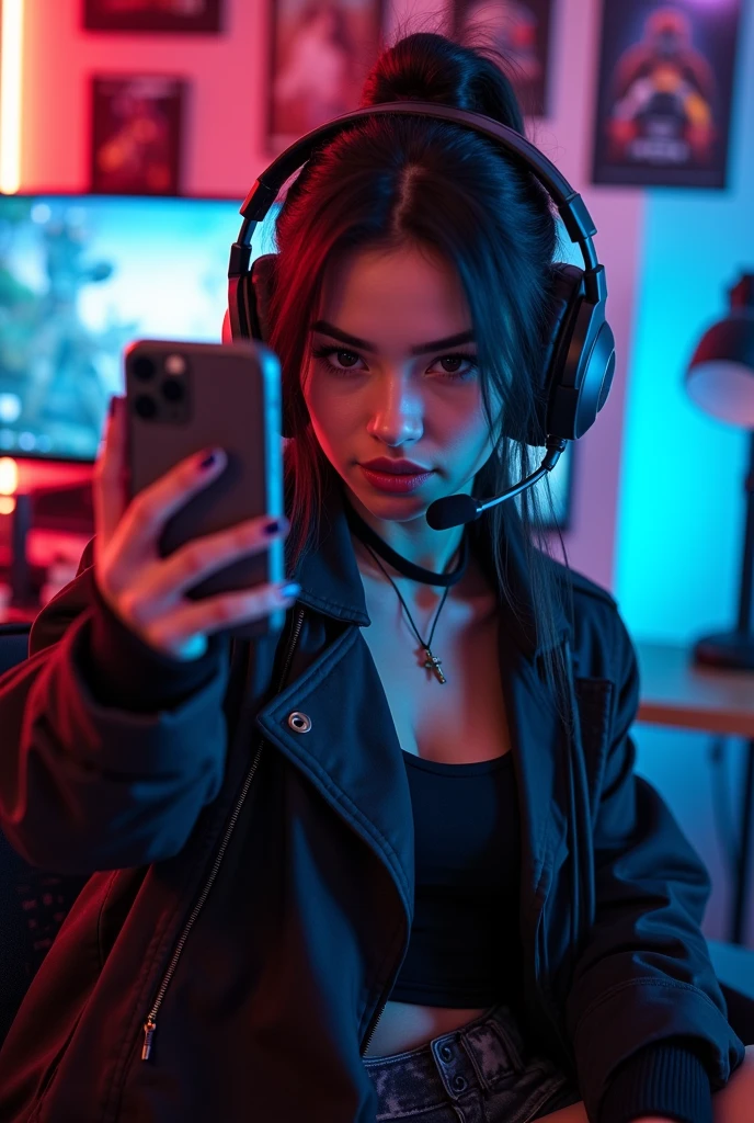 "A young woman in her early twenties dressed in a stylish Free Fire-themed outfit, complete with tactical elements like a sleek jacket, utility belt, and combat boots. She is taking a selfie with an iPhone, holding it in front of her face so that it covers her mouth. Only her intense eyes, highlighted by subtle makeup, and her nose are visible. She’s wearing a high-quality gaming headset with a built-in microphone, which adds to her gamer aesthetic. The background is a modern gaming setup with RGB lighting, gaming monitors, and posters of popular games. The overall atmosphere is dynamic and immersive, capturing the essence of a dedicated gamer who is fully engaged in her digital world."