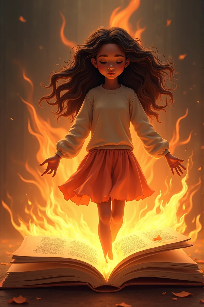 Girl coming out of a magic book. Flames surround her around her. She has mixed skin, very dark brown wavy hair. His eyes are closed. Her head is a little to the side but it is down. His hands control the flames with ease.. We see that the pages of the book are written and the girl comes out of it. The image looks very realistic. The girl walks out of the book as if the story is over and she is free., that she has the right to freedom. His feet touch the pages of the book.