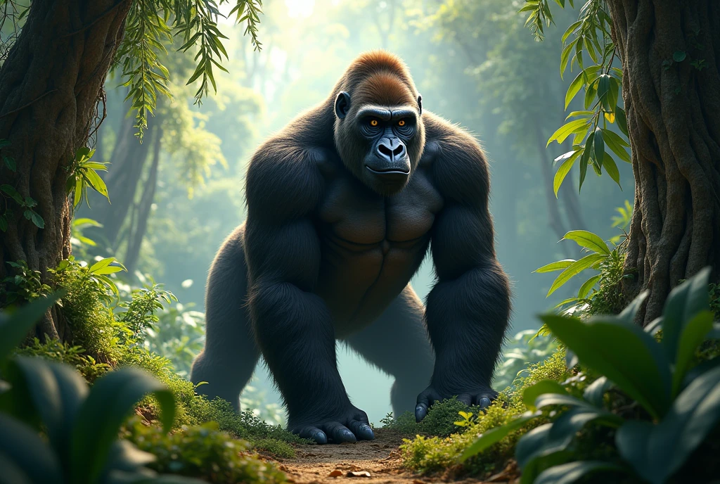 Create a captivating, hyper-realistic, AI-generated artwork of a gorilla in a lush jungle. The gorilla should be depicted in a natural and powerful pose, showcasing its massive, muscular build and expressive face. Capture the detailed texture of the gorilla’s fur, emphasizing its strength and presence in the dense forest.

The scene should reflect the vibrant and rich environment of the jungle, with dense foliage, towering trees, and a variety of tropical plants surrounding the gorilla. Include details such as the intricate leaves, vines, and dappled sunlight filtering through the canopy, creating a dynamic and immersive setting.

Use natural, earthy tones to depict the gorilla and its environment, highlighting the contrast between the gorilla’s dark fur and the vivid greens of the jungle. The lighting should be soft and natural, with sunlight gently illuminating the gorilla and casting intricate shadows on the foliage.

The style should be hyper-realistic yet artistic, focusing on the gorilla’s majestic presence and the lush beauty of its habitat. The final artwork should be high-resolution and visually striking, capturing the power and serenity of the gorilla in its natural jungle setting.