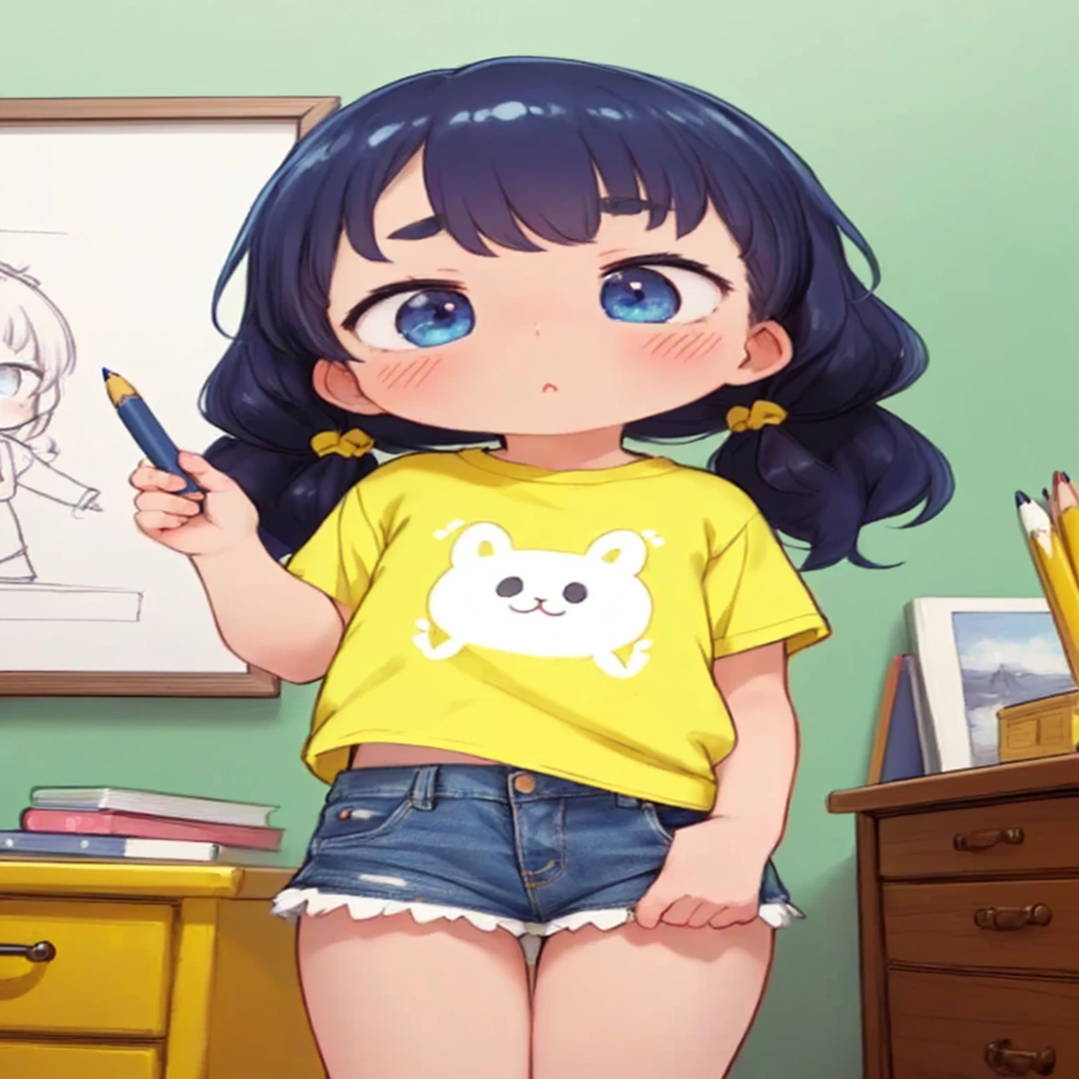 anime girl with blue eyes holding a pencil and drawing a picture, cute art style, anime moe artstyle, kawaii realistic portrait, cute kawaii girl, cute anime girl, cute anime style, anime artstyle, high quality anime artstyle, kawaii shirt and jeans, anime visual of a cute girl, anime art style, in anime style, anime style 4 k