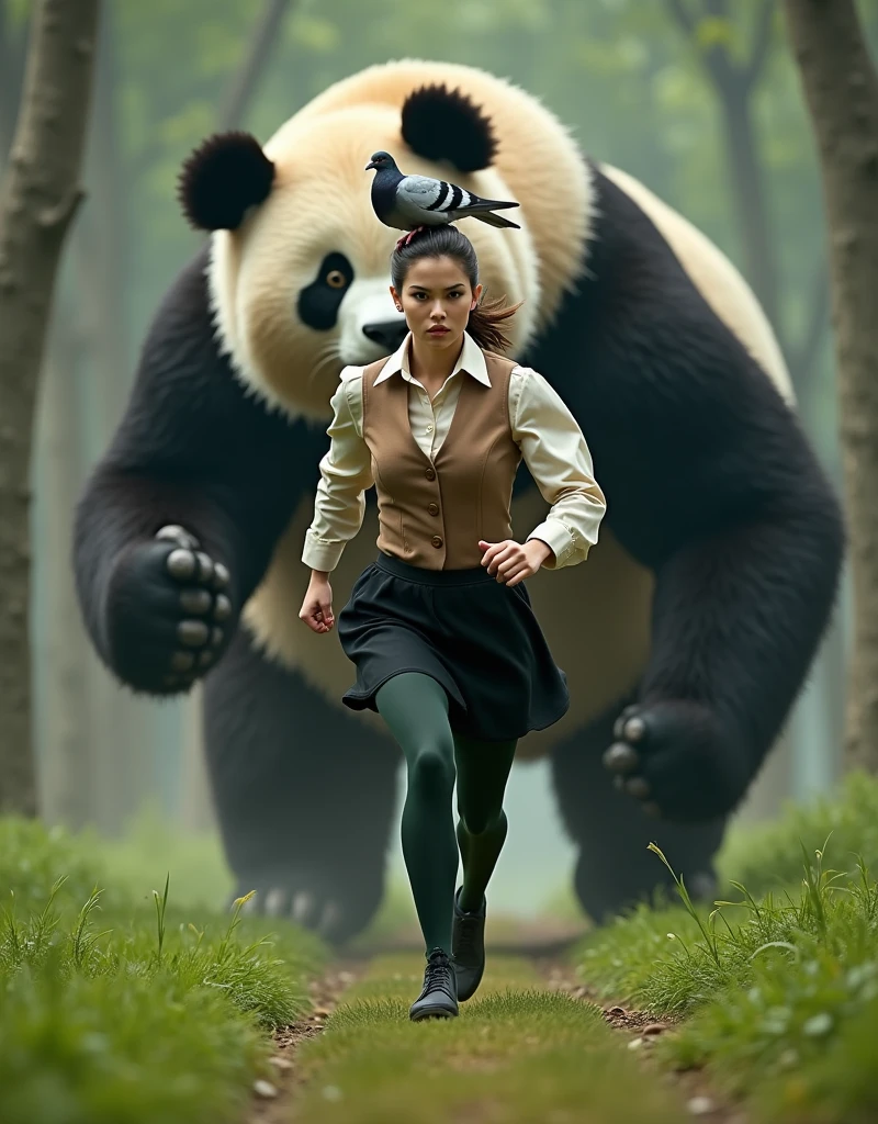 ((Highest quality)), ((Woman with pigeons on her head)), ((Giant panda holds up a refrigerator with both hands)), (Angry Giant Panda), A giant panda chases after you, Woman with pigeons on her headが全力で走って巨大パンダから逃げている, Woman with pigeons on her headがオフホワイトで襟付きの半そでシャツに薄茶色のベストを着てひざ丈の黒いスカートに濃い緑の靴下と黒の靴を履いている, 筋肉質なWoman with pigeons on her head, The background is a grassy forest, ((horror movie posters)), Photorealistic images,