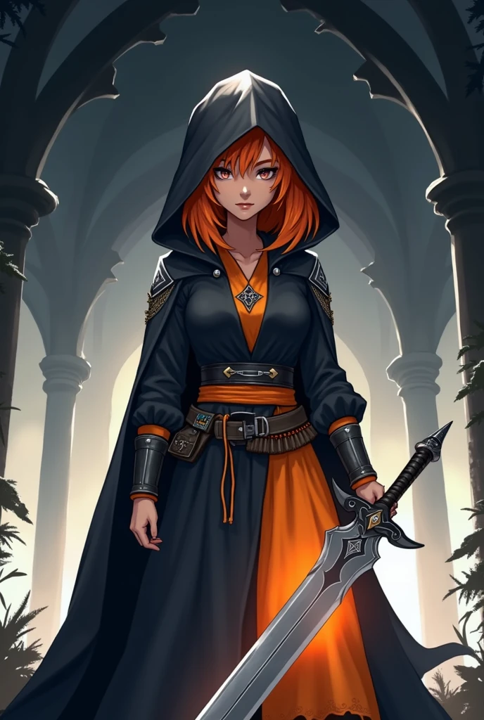 Orange haired hooded girl　Carrying a great sword　Grim expression　The clothes look cool　In a rundown church with a tattered black cloak fluttering　Raise your sword