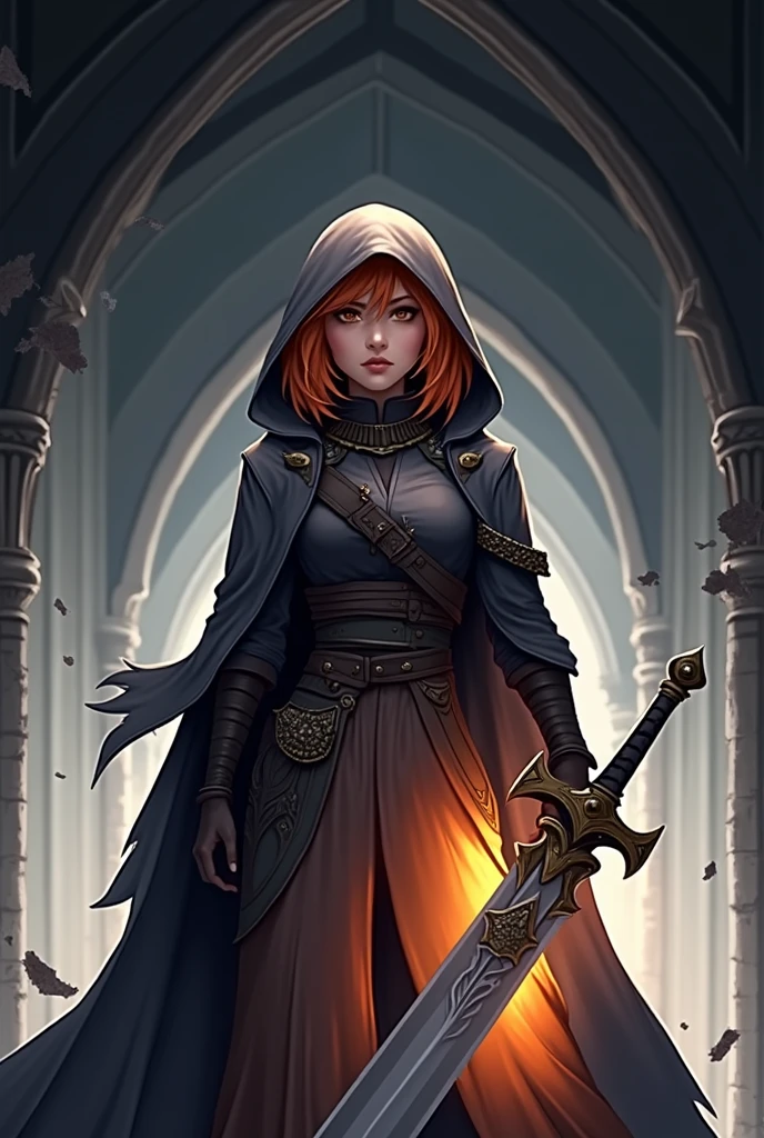 Orange haired hooded girl Carrying a great sword Grim expression The clothes look cool In a rundown church with a tattered black cloak fluttering Raise your sword