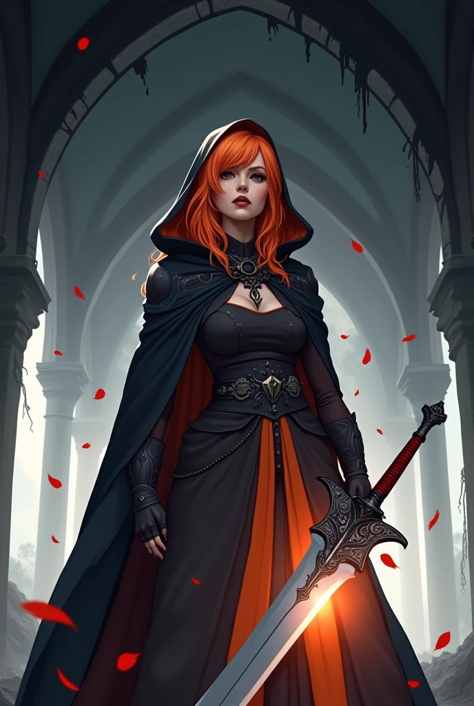 Orange haired hooded girl Carrying a great sword Grim expression The clothes look cool In a rundown church with a tattered black cloak fluttering Raise your sword