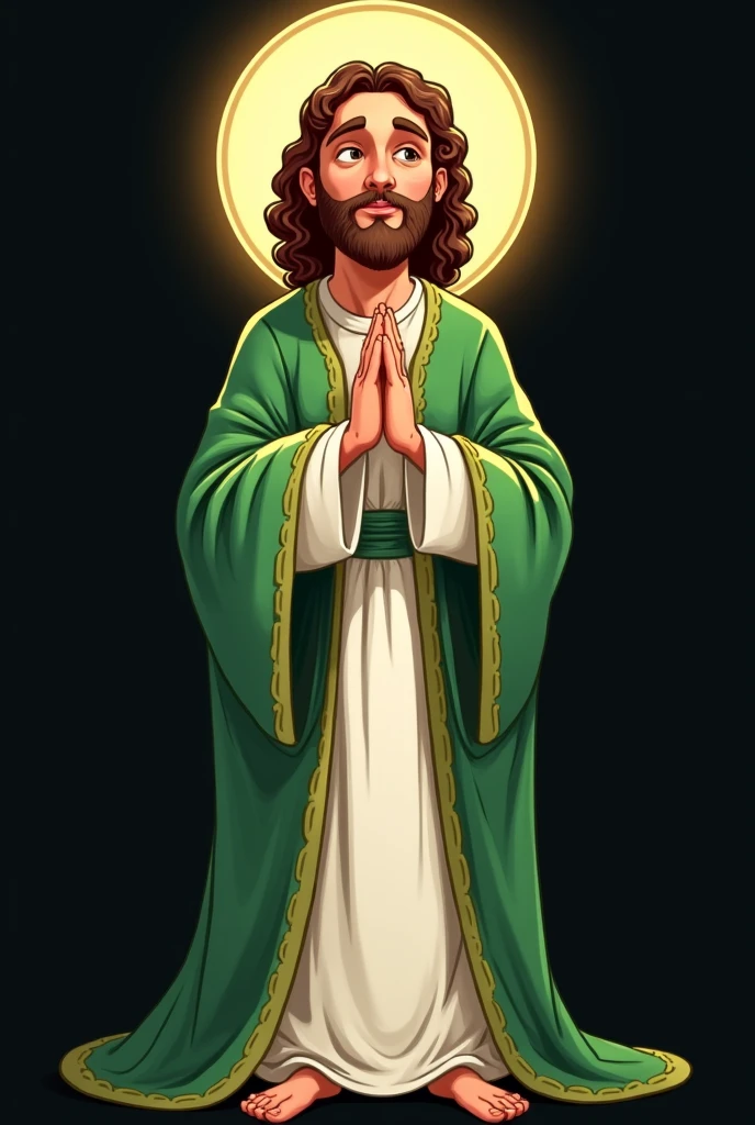 Image of Saint Jude Thaddeus in cartoon color of green, white and brown clothes, black background 