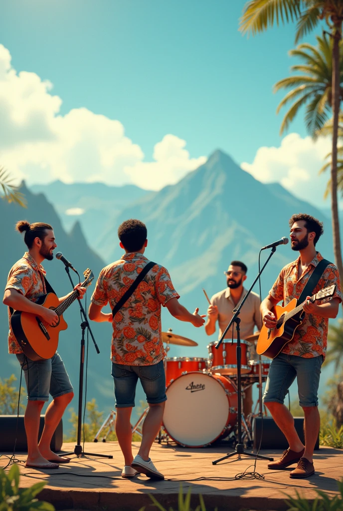 Around stage concert, The Floral Shirts, far far away view, 5 males (3 guitar 1 keyboard, 1 drummer)