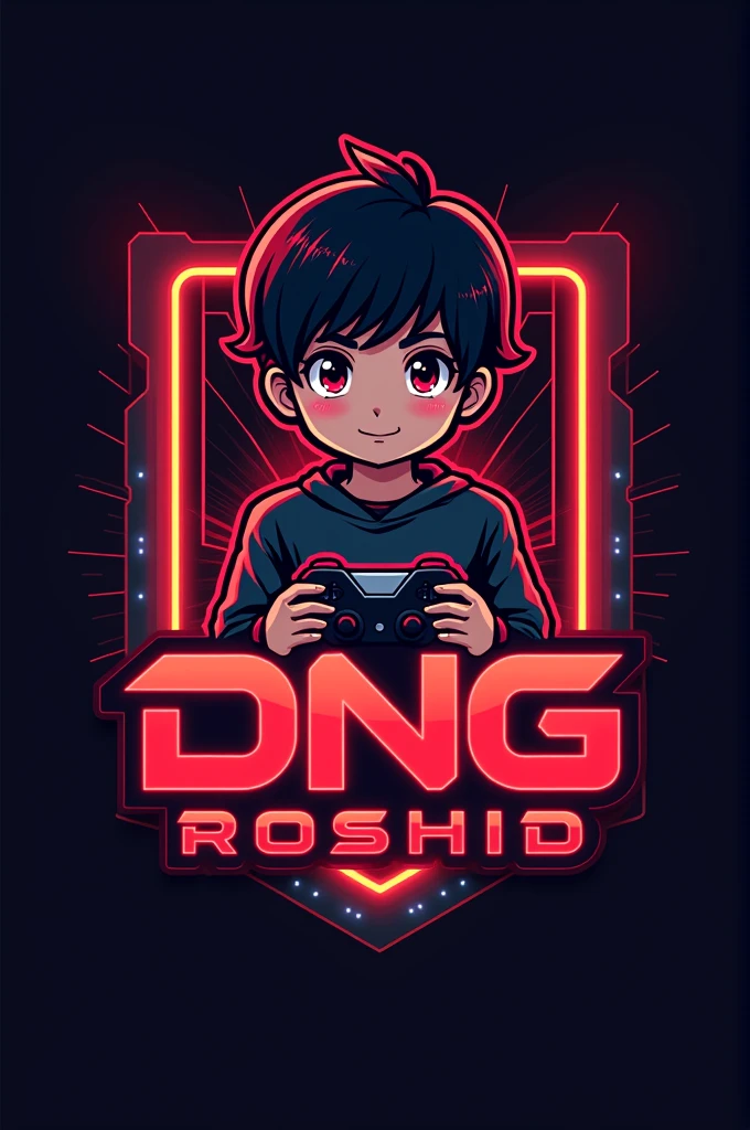 Prompts-this is a gaming logo that features tha name DNG Roshid in a futuristic font and a neon red color. And boy anime avtar, the logo also has a stylized controller icon and a Instagram