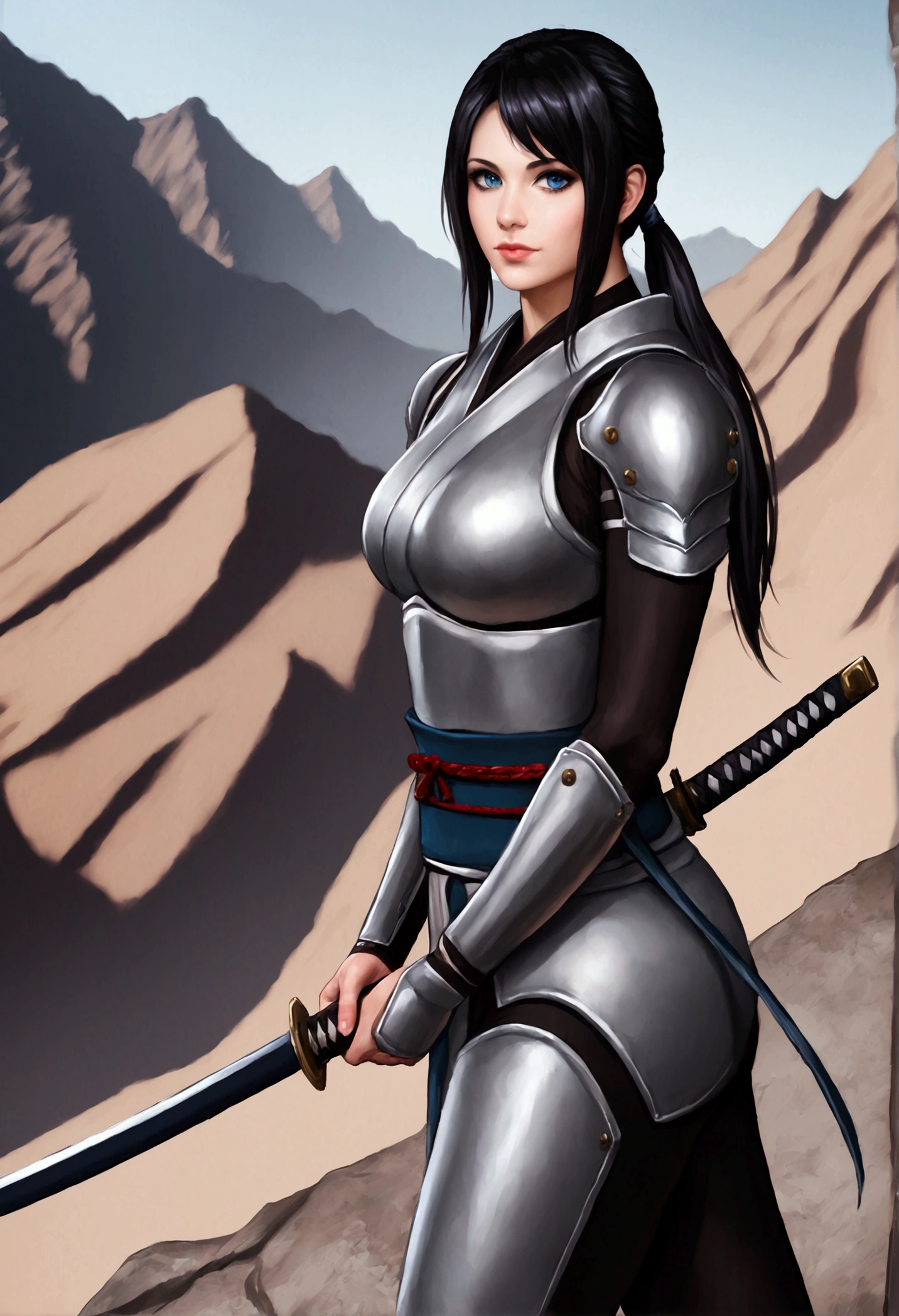 1 girl standing on a cliff wearing samurai armor, black ponytail hair, blue eyes, beautiful face, holding a katana, (realistic background 0.90), (realistic sky 1.20) 