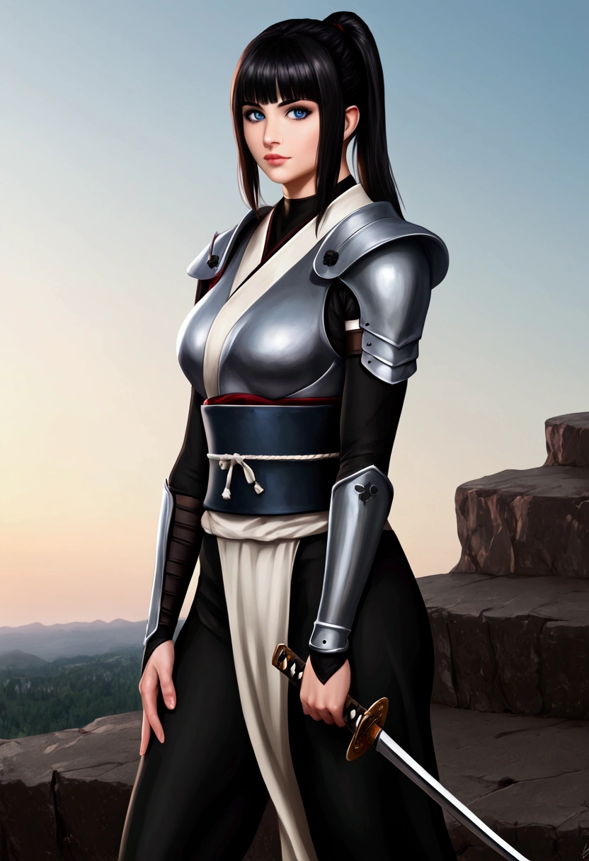 1 girl standing on a cliff wearing samurai armor, black ponytail hair, blue eyes, beautiful face, holding a katana, (realistic background 0.90), (realistic sky 1.20) 