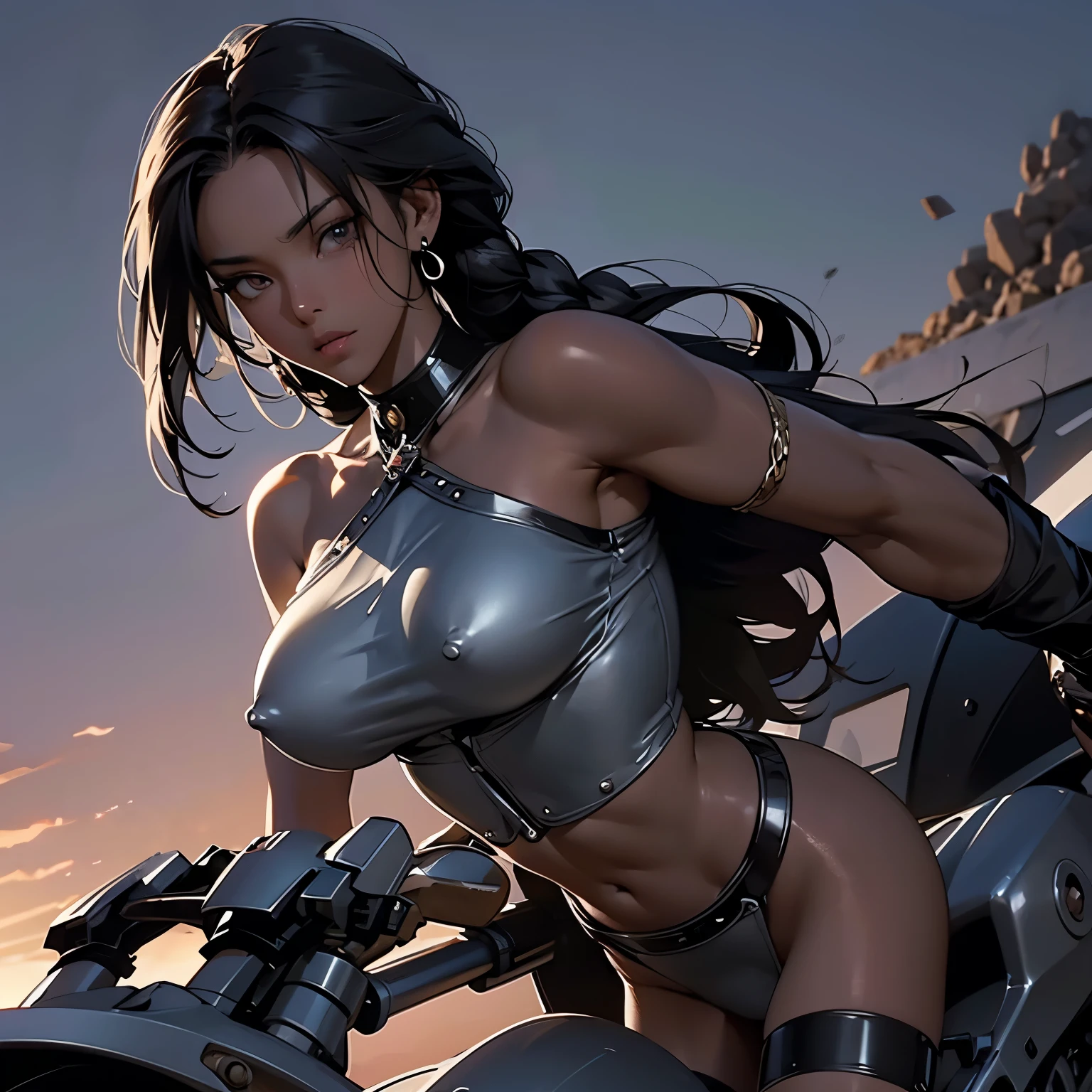 nsfw, anime screencap, 16K, perfect anatomy proportion body, perfect hands, action, A dynamic composition with a sense of speed and movement, (Ride a steel motorbike:1.6), a wife, 40age, NUDE, perfect beautiful delicate sexy face, perfect beautiful delicate eyes, braid-in-braid black hair, (dark skin:1.6), huge breasts, abs, hairy female pubic hair, Wear an elaborate chain mail loincloth, great desert, Post-apocalyptic,