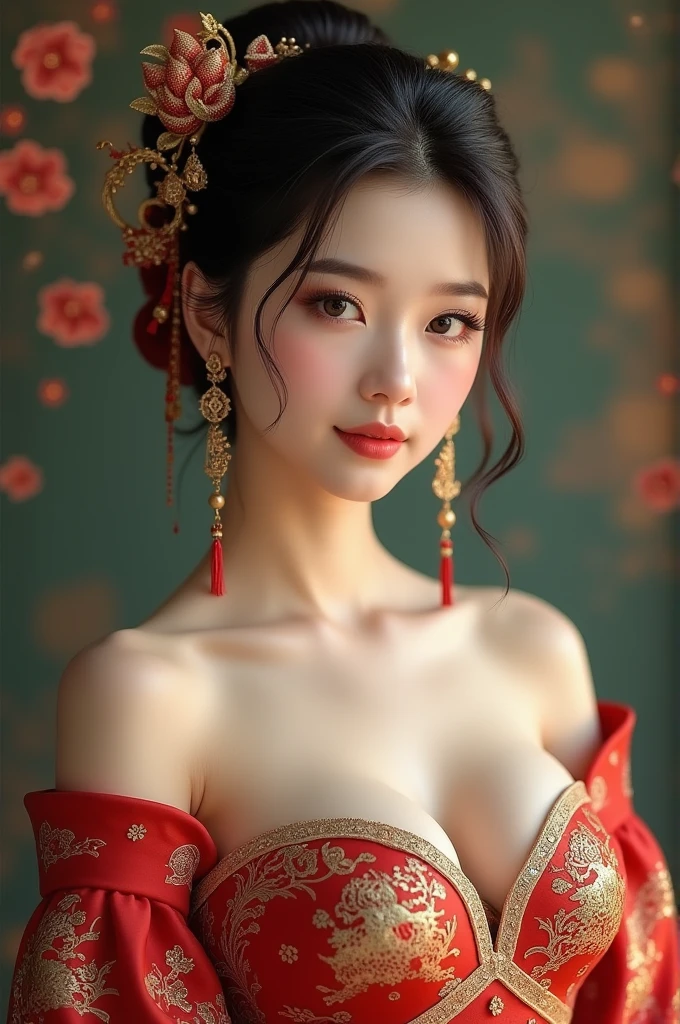 (earrings, breast), from side, male pov,
(girl), (Bridal Accessories for hanfu Cheongsam Kwa Phoenix), (strapless), (shawl), (Cosplay photo), ((cleavage)),
chill out, highres, french braid, heterochromia,
((huge breast)), ((large breasts)), (mole),
(looking at viewer), ,