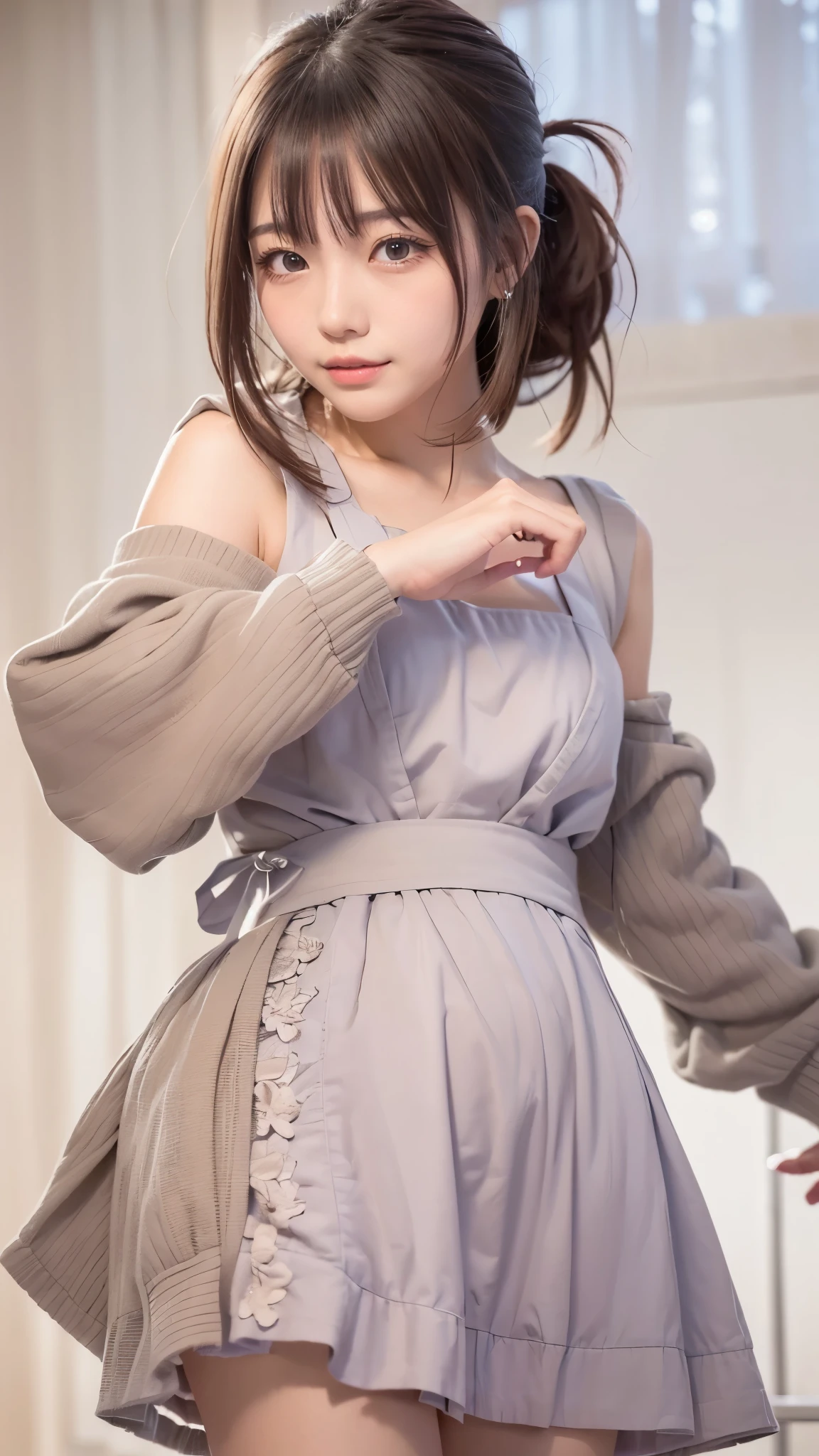 A masterpie、best qualiy, 1girls, (Skindentation), {{Too big!!}}, (jour), well lit, blured background, (Street:0.6), (ten mens, crowd:1), (Braided bangs, Wavy Hair:1.5), (see-through shirts:1.8), (Wearing a nightgown:1.8),gorgeou, (Floating hair:1.2), (dinamic pose:1.8), Soft lighting,