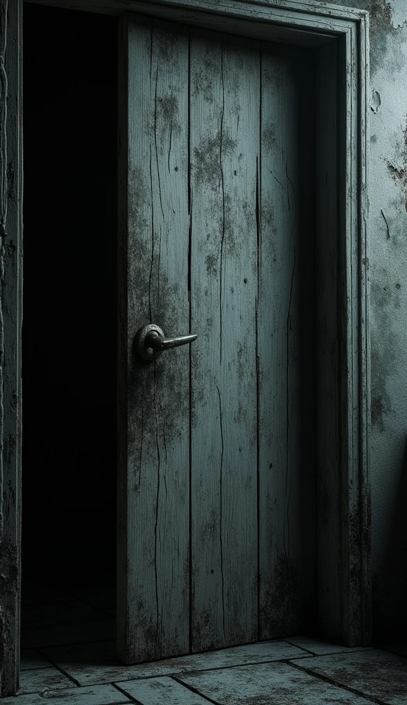 A close-up of a worn, wooden door with deep, menacing scratches carved into it. The door is slightly ajar, and the darkness beyond is unsettling, suggesting something sinister might be lurking inside.