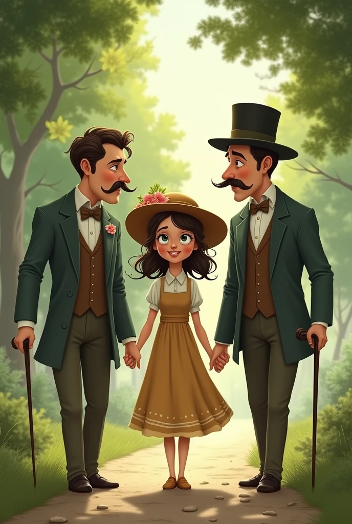 draw a girl in a hat and 2 men with mustaches and canes next to her. They are walking in the park and discussing the news.everything is depicted by the mosl