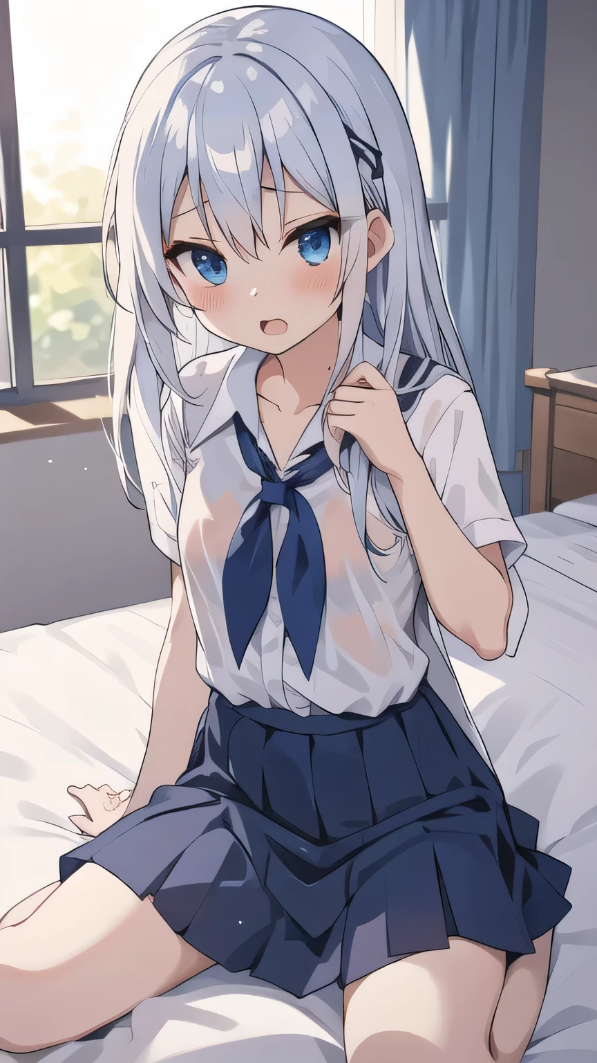 cute girl, anime, silver hair, straight hair, Blue eyes, cowboy shot, (orgasm:1.1), (young:1.4), dark blue skirt, white camisole, small bust, school uniform, (sheer bra:0.8), (cute:1.1), blue hair ribbon, (ローアングル:1.2), Health room, female masturbation, open leg, pantie, bed, (o-face:1.2), wet, (open Clothes:1.1)
