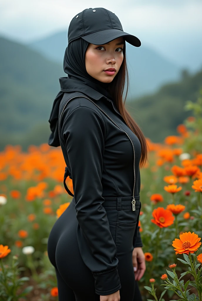 full-body portrait photograph of a young java woman hijab with polo Cap, wearing pinafore  tight-fitting , hotpant with leggings, oversized_breasts.", she is hiking, beautiful_breasts. sensual body, in a unique, photoshot model, ((In front of flowers in top of mountais)), pullover, highres, 4k, HDR, 1girl, photorealistic, realistic, big booobs, turning away facial at viewer, closeup