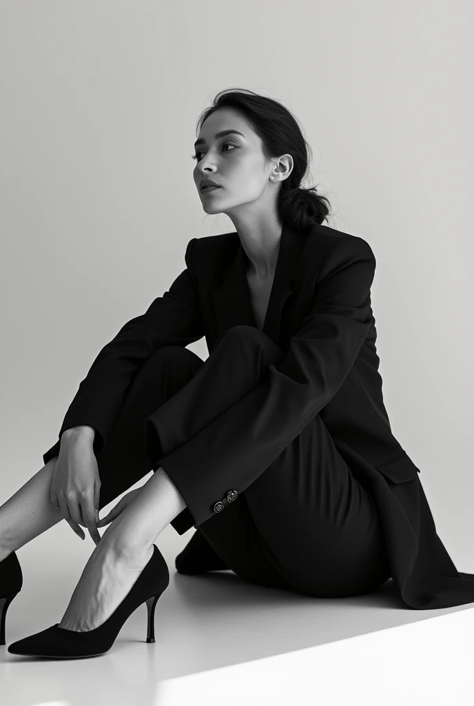 arafed woman sitting on the floor in a black and white photo, a black and white photo, a character portrait, by James Baynes, girl in suit, woman is sitting, elegant girl in urban outfit, editorial model, girl in a suit, pointed high heels