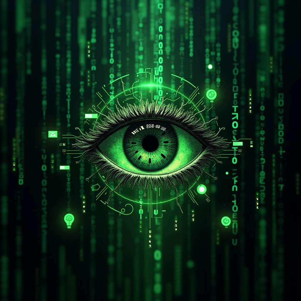 Create a captivating digital artwork featuring a centered, stylized futuristic eye. Alternatively, you can depict a brain made of intricate circuits. Set the backdrop as a Matrix-like binary code with green numbers and letters against a black background at the bottom of the composition. Utilize dark shades, such as black, for the overall background to create a sense of depth and contrast. Emphasize the main Al element and accompanying text with bright neon colors, like a vibrant shade of green, to make them visually striking. To enhance the futuristic theme, scatter small icons or images, such as a laptop, gear, or lightbulb, around the central Al element. The combination of dark shades, bright neon colors, and futuristic elements will create an engaging and visually dynamic prompt