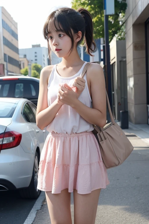 18 year old girl with perfect face and, cute clothes, slim physique. The skin has detailed and highly detailed eyes (emphasis 1.1), very detailed skin texture (emphasis 1.1). Slender necklace, model photo style, realistic, skin texture is real human skin texture, skin pores are delicate, details are intricate, eyes are very detailed, Chengdu Taikoo pink dress, Rose soft and vivid, artistic germ colorful!!!、! Dream art germ, highly detailed art germ, knee up, laugh, run