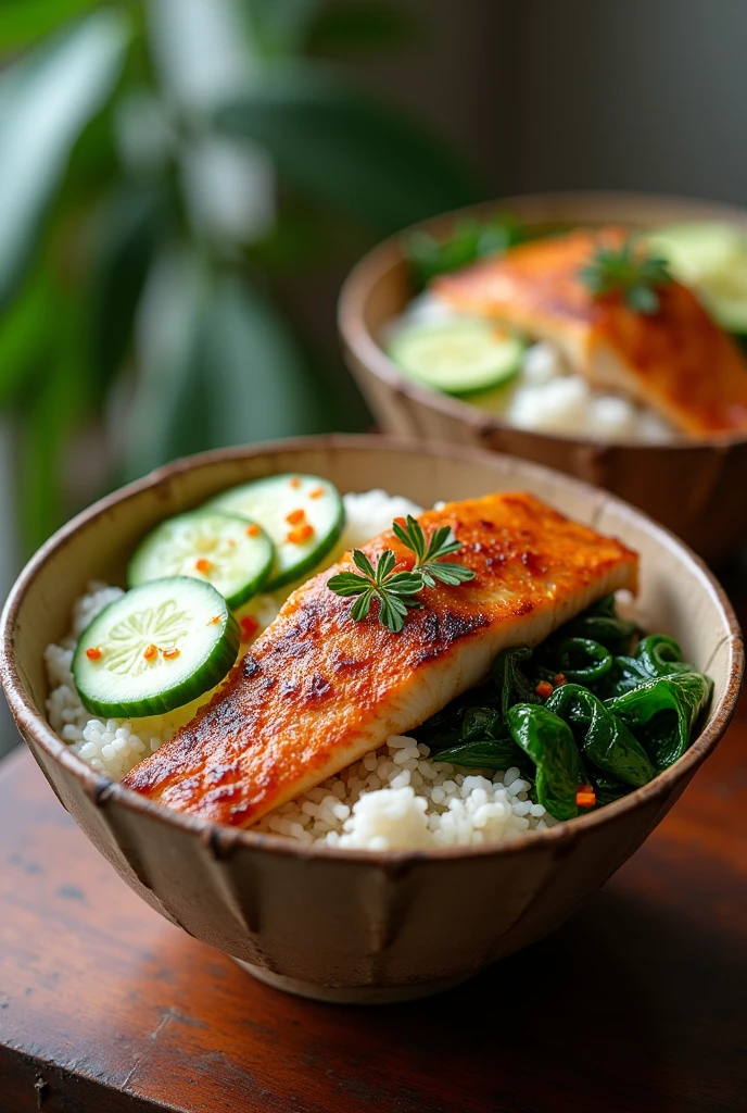 Bbq fish fillet with kangkung & slice of cucumber sitting on a bed of nasi lemak in a round disposable food container