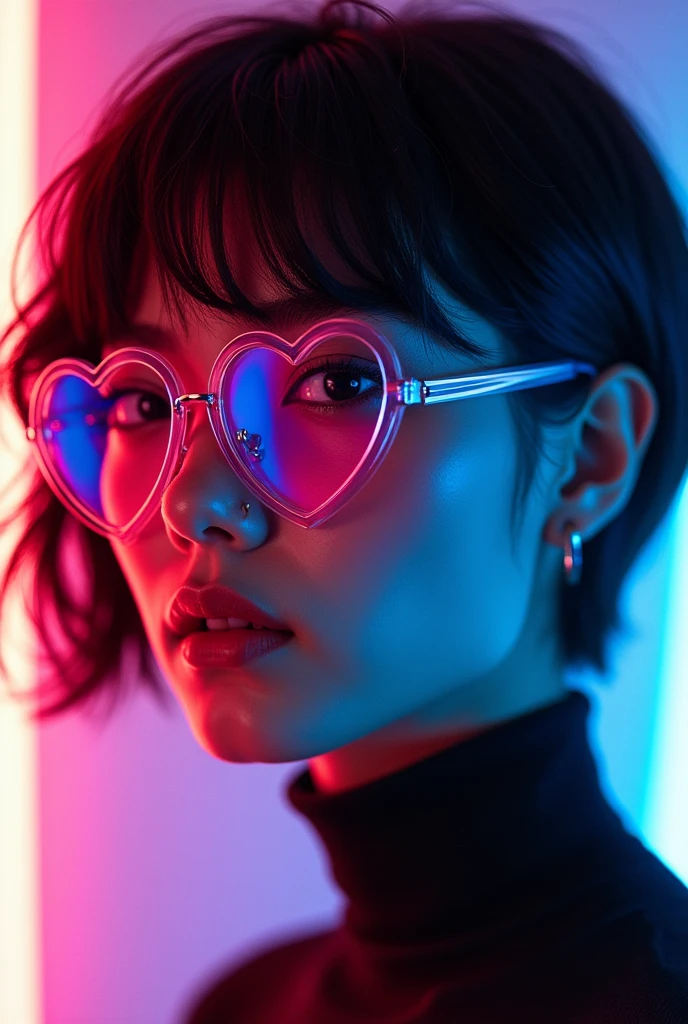 A mesmerizing, close-up portrait of a young woman exudes a synthwave-inspired style, with her stylish side view and intricate features capturing the viewer's attention. Her short, styled hair is perfectly complemented by transparent heart-shaped gradient tinted glasses, and her intense gaze directly engages the audience. The artist, Supersy, incorporates a captivating cloned effect with a glitch effect, resulting in a vibrant, colorful neon palette and an edgy, fashionable aesthetic this vivid and bold cinematic photo depicts the mysterious and alluring Phoenix woman, masterfully crafted through a series of stylish gradient synthetic heart lines, creating an illusion of depth and dimension. a striking contrast of dark and light shades, accentuating her profile and that evokes a cinematic poster vibe. Signed by the artist