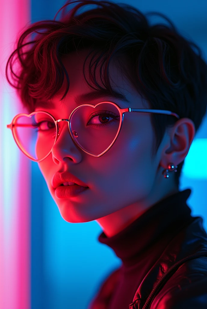 A mesmerizing, close-up portrait of a young woman exudes a synthwave-inspired style, with her stylish side view and intricate features capturing the viewer's attention. Her short, styled hair is perfectly complemented by transparent heart-shaped gradient tinted glasses, and her intense gaze directly engages the audience. The artist, Supersy, incorporates a captivating cloned effect with a glitch effect, resulting in a vibrant, colorful neon palette and an edgy, fashionable aesthetic this vivid and bold cinematic photo depicts the mysterious and alluring Phoenix woman, masterfully crafted through a series of stylish gradient synthetic heart lines, creating an illusion of depth and dimension. a striking contrast of dark and light shades, accentuating her profile and that evokes a cinematic poster vibe. Signed by the artist