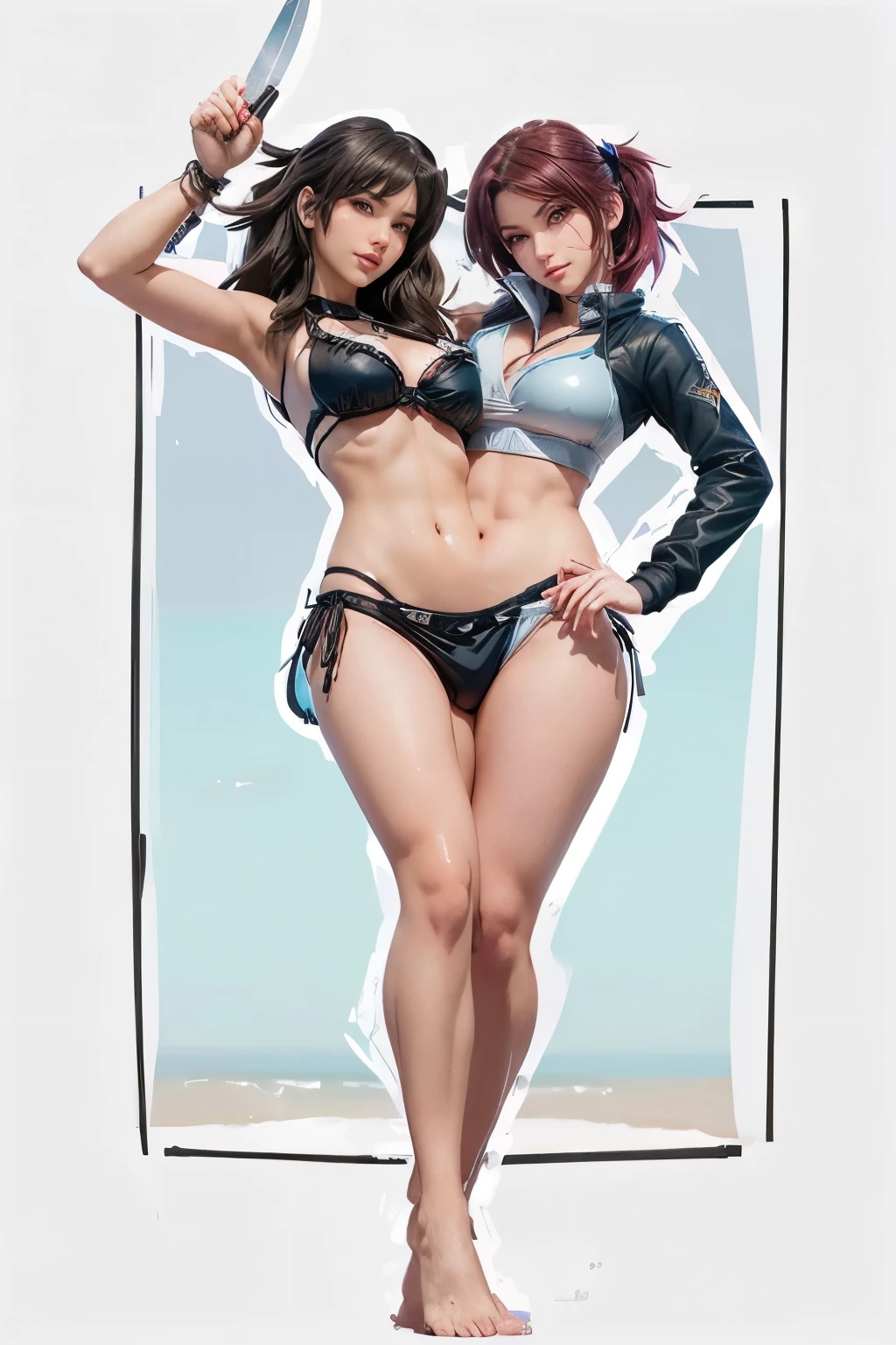 a cartoon of a woman in a bikini holding a knife, tifa lockhart, overwatch tracer in a bikini, from girls frontline, realistic bikini, nico robin, kantai collection style, pinup body, seductive tifa lockhart portrait, is wearing a swimsuit, comic pinup style, girl pinup, junko enoshima from danganronpa, pinup pose