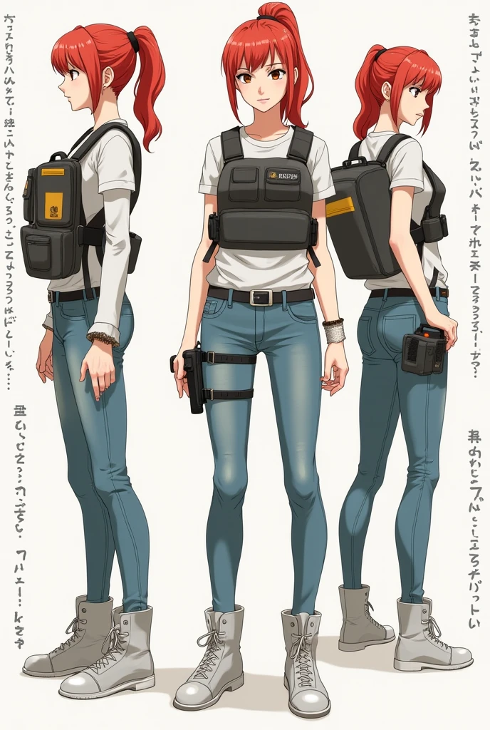 (Draw) ((masterpiece, Best Quality)) (character design sheet, Same character, Forehead, side, back, with words written around it) a woman with a lot, red hair and ponytail hairstyle, Brown eyes, wearing a bulletproof vest, a long-sleeved t-shirt with the zipper closed, a white shirt and jeans, backpack, standing relaxing