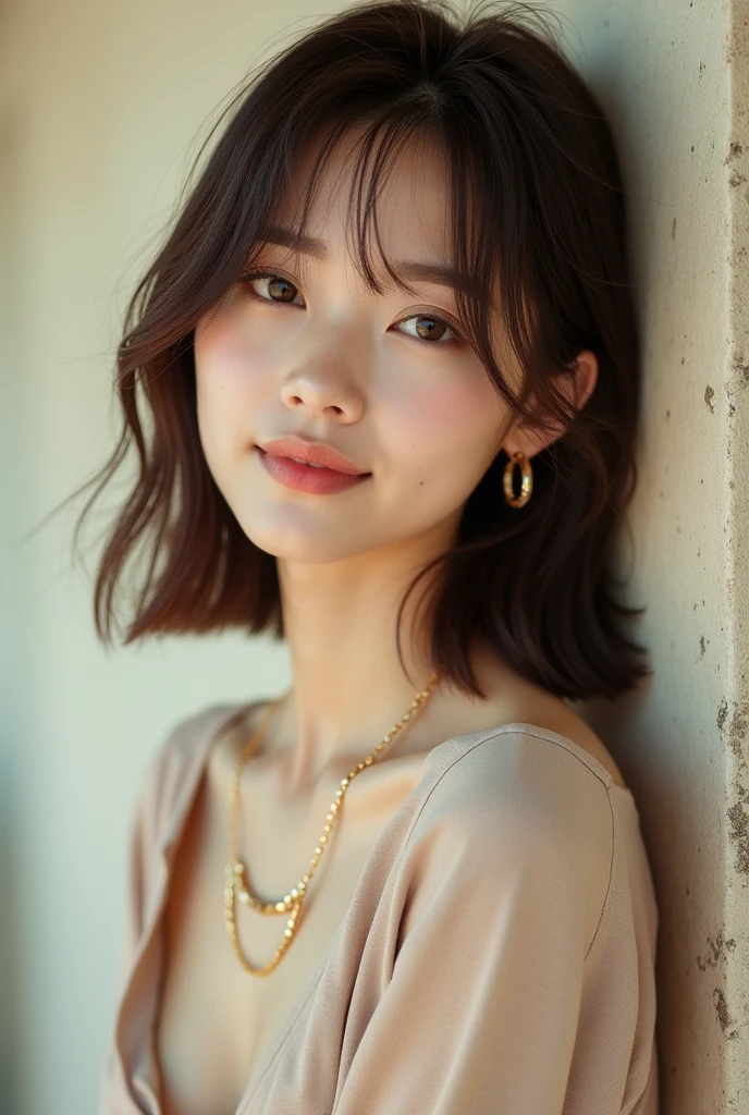high resolution、A transparent Japanese woman、Ima-ish、Elegant、White Shirt、looking at the camera、body is angled、smile、Moist and shiny hair、Thready hair、cute、Brown Hair、Beautiful young woman who looks like a model、Leaning against a wall、Big eyes、Glossy makeup、Outline of an inverted triangle、Pulp lips、face is slanted45Every time、Straight Hair、The tips are heavy、Beige 5/8 sleeve top with hidden chest、Hide your chest、Attractive features、Big eyes、Beautiful woman、hoop gold earrings、Diagonal bangs、Side-parted bangs、Beautiful like a celebrity、A trendy blunt bob with little volume、Naturally flowing bangs、No bangs standing up、Smooth surface hair、Hair 10cm below shoulder、Chain Necklaces、A fashionable atmosphere
