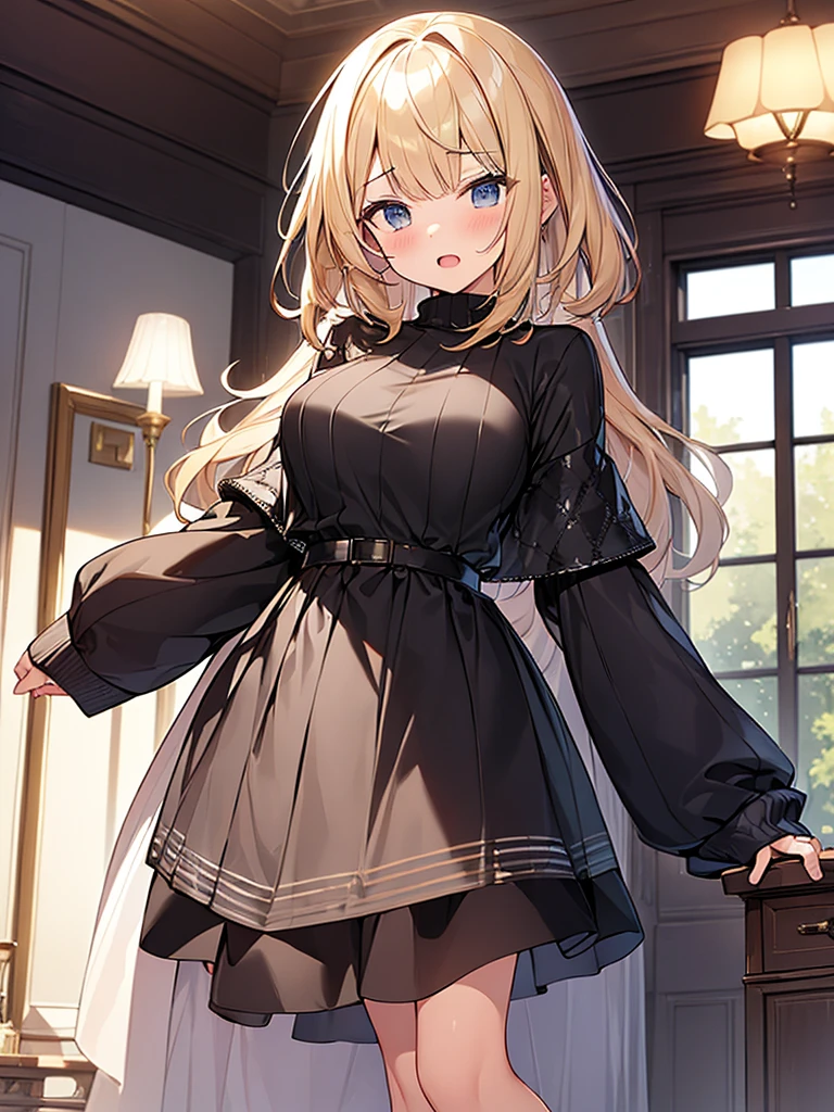 (Masterpiece, Top quality:1.5), full body, (1 beautiful girl, solo:1.2), (short height:1.3), (Oversize Pullover Dress:1.3), Blonde hair:1.1, medium Hair, wavy Hair, asymmetry bangs, swept bangs, airy hair, large breasts:1.1, (sleepy-eyed:1.3), blush:1.2, beautiful scene of living room, magnificent panorama view, blurry background, open mouth, dynamic pose, dynamic angle