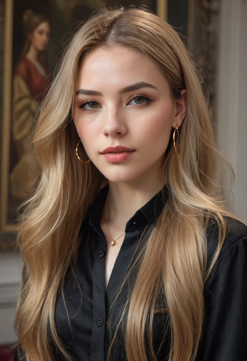 hyper realistic,,aqheodd, realistic style, a woman with long hair and a black shirt, 1girl, solo, long hair, looking at viewer, blonde hair, brown hair, jewelry, earrings, parted lips, blurry, lips, portrait, hoop earrings, realistic, highly detailed, sharp focus, handsome background, beautiful, elegant, intricate, artistic