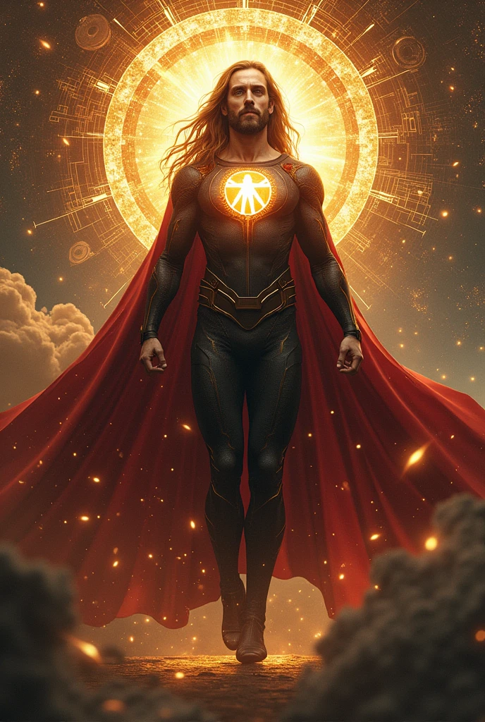 Create an image of Leonardo da Vinci as a powerful superhero, wielding the magical power of creativity. His suit is emblazoned with a glowing Vitruvian Man emblem, and his eyes blaze with inventive genius. He holds a sketchbook that brings his ideas to life, summoning fantastical machines and marvels. His cape flows with a mesmerizing pattern of gears and cogs, symbolizing his mastery over innovation.