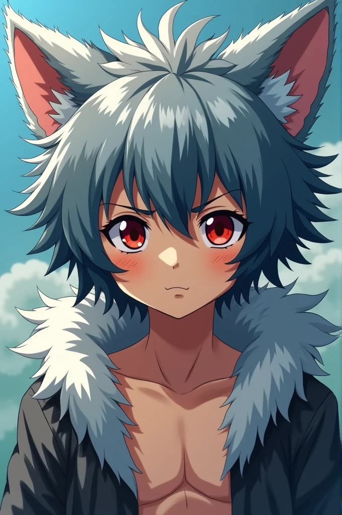 Fantasy (Anime Art): Werewolf Boy, Thick Ears On His Hair, Gray-bluish Hair, Fluffy Strands with Bangs, Sharp Wolfish Eyes, Muscular Figure, Slightly Flushed Cheeks, Red-Sapphire Iris, Shrunken Pupils, Rough Expression, Soft Features, and Light Tan Skin Color.
