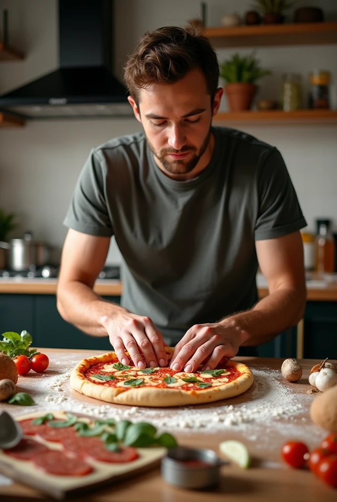 MAN CREATING HIS FIRST PIZZA
