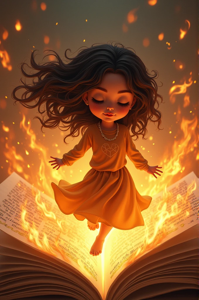 Girl coming out of a magic book. Flames surround her around her. She has mixed skin, very dark brown wavy hair. His eyes are closed. Her head is a little to the side but it is down. His hands control the flames with ease.. We see that the pages of the book are written and the girl comes out of it. The image looks very realistic. The girl walks out of the book as if the story is over and she is free., that she has the right to freedom. His feet touch the pages of the book. THE IMAGE IS VERY REALISTIC. The girl is 1. The image is very realistic.