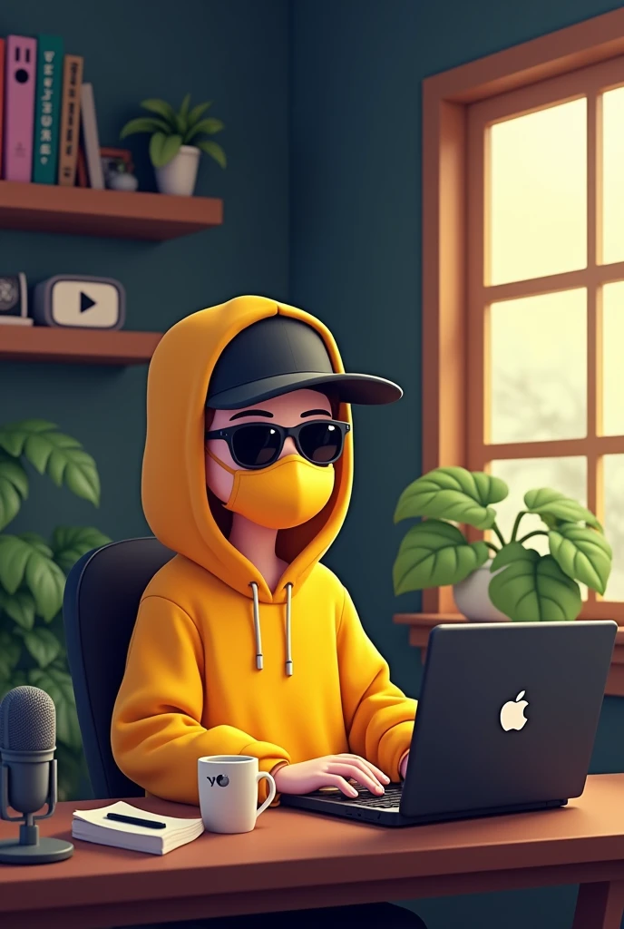 In this image, a cartoon character is seen sitting behind a desk. The character is wearing a yellow hooded shirt and a black hat. The character is also wearing sunglasses and a yellow mask covering his face.

In the background, a black wall can be seen with a shelf containing some books and a silver YouTube Play Button award. There is a plant on the shelf to the left. The desk contains a microphone and a laptop with the same logo as the hat, and a coffee cup on the right side. There is an open window next to the desk with another green plant next to it.

The lighting in the image comes from the window, giving a soothing and calming touch to the cartoon scene.