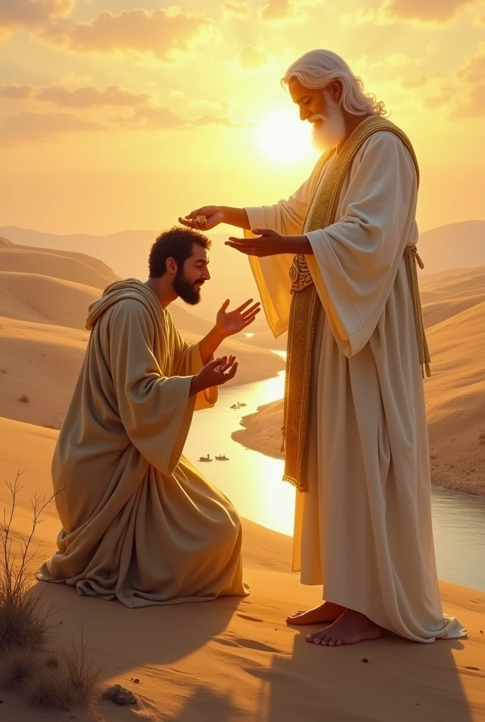 create an image of a 40 year old man, dressed in a tunic, on his knees in the desert, arms open, head bowed and at his side a man standing dressed in white linen, with a wide golden belt, similar to Jesus, his face shines like the midday sun, his hair white like wool, pouring oil with his hands on the kneeling man's head, the oil on the kneeling man's head, the sun shining on the horizon, and a small river runs in the background