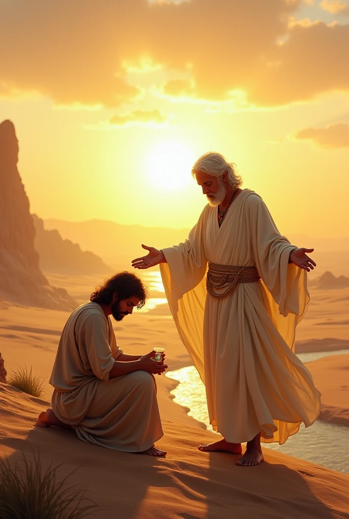 create an image of a 40 year old man, dressed in a tunic, on his knees in the desert, arms open, head bowed and at his side a man standing dressed in white linen, with a wide golden belt, similar to Jesus, his face shines like the midday sun, his hair white like wool, pouring oil with his hands on the kneeling man's head, the oil on the kneeling man's head, the sun shining on the horizon, and a small river runs in the background