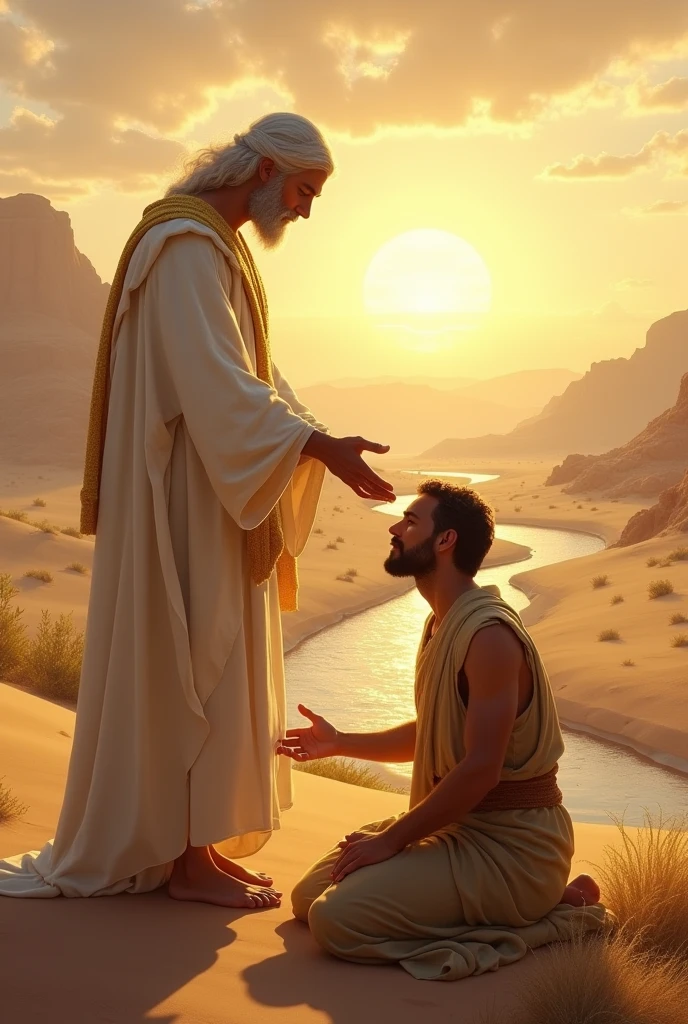 create an image of a 40 year old man, dressed in a tunic, on his knees in the desert, arms open, head bowed and at his side a man standing dressed in white linen, with a wide golden belt, similar to Jesus, his face shines like the midday sun, his hair white like wool, pouring oil with his hands on the kneeling man's head, the oil on the kneeling man's head, the sun shining on the horizon, and a small river runs in the background