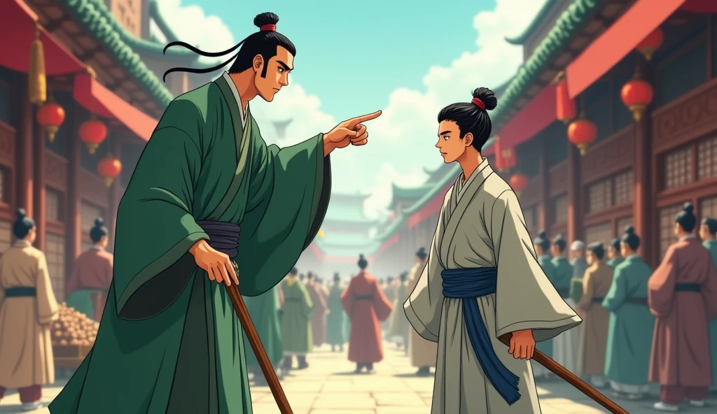 Antique anime style,Men in ancient costume,Tang Chang'an,Ancient Market,People coming and going,The bustling Dongsikou Street。A tall man in a green robe,A fierce and strong man,With a wooden stick in his hand,Pointing at a young man arrogantly,The young man was wearing light grey coarse cloth,Hair combed into an ancient bun。Dark blue sash。A look of fear on his face,,Second dimension