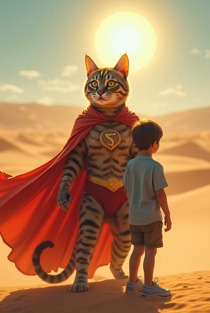 A man is in desert he found a cat. Cat is a superhero 