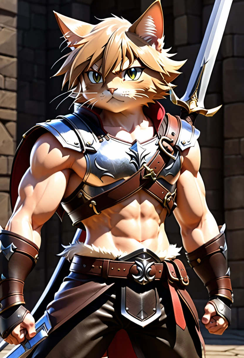 young,, Cat ear, (12, sweating), Trained abdominal muscles, Chiseled pectoral muscles, 真swordな表情, ((3D anime art style)), sword, Combat Stance, Leather Strap, Leather Armor,juvenile,Huge muscles,(((Huge erect penis)))