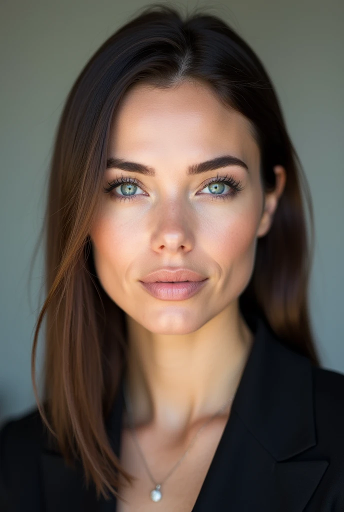Create a close-up image of a light-skinned brunette woman with striking blue eyes. Her hair is smooth and neatly styled, framing her face in a professional manner. She has a confident and polished expression, with subtle, natural makeup that highlights her features, emphasizing her role as a corporate secretary.